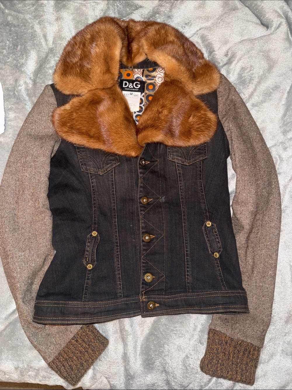 Auth VTG Y2K D&G Brown Fur-Collar Mixed-Media Jacket